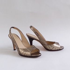 Cole Haan Neutral Gold Metallic Slingback Designer Sandals Heels Stiletto 6.5